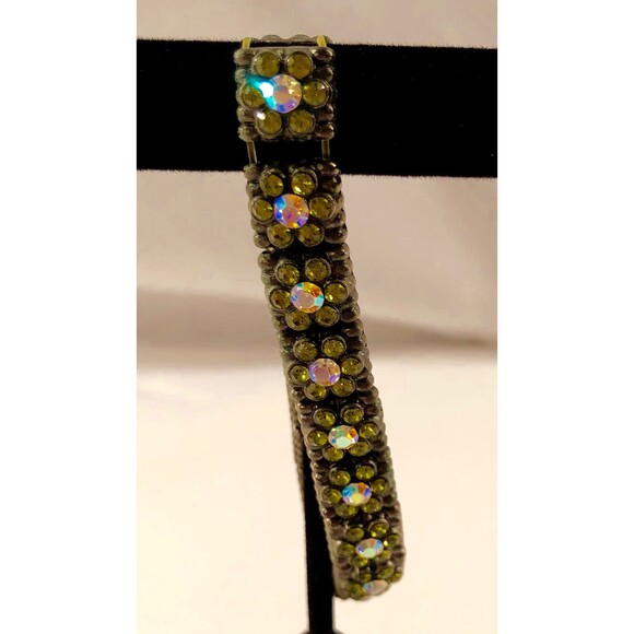 Vintage Aurora Borealis & Green Rhinestone on Black/Bronze Tone Stretch Bracelet - Picture 3 of 5